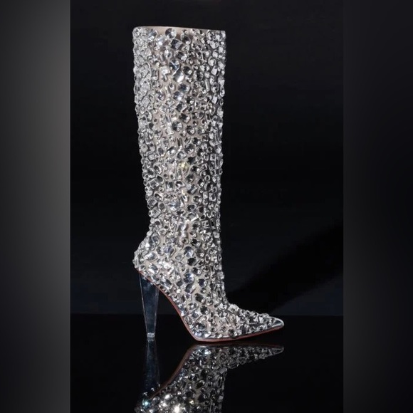 •Honey• Tall Embellished PVC Chunky Heel Boots by Azalea Wang - Picture 6 of 6